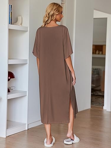 Image of Ekouaer Women's Nightgown Short Sleeve Sleepshirt Long Loungewear Casual Maxi Lounge Dress House Dresses with Pockets