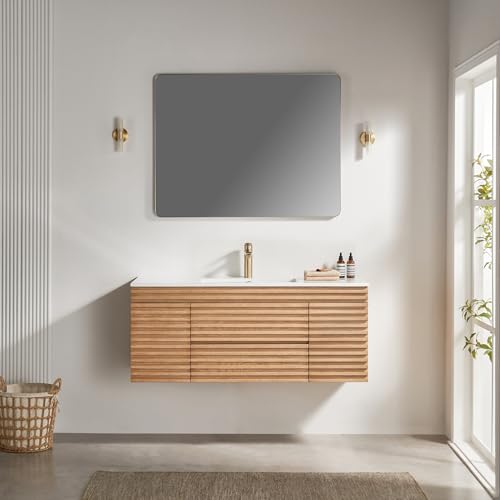 GDFStudio 48" Wall Mounted Bathroom Vanity with Ceramic Sink, Plywood Floating Bathroom Vanity Cabinet, Modern Wall Hung Vanity with Storage, 2 Drawers & 2 Doors, Fully Assembled, Natural Walnut