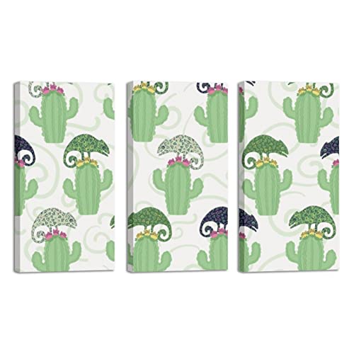 Wall Art For Living Room, Oil Painting On Canvas Large Framed Reptile Chameleon Lizard And Cactus Plant Pattern Artwork For Home Bedroom Decor 24"X48" #TOP6