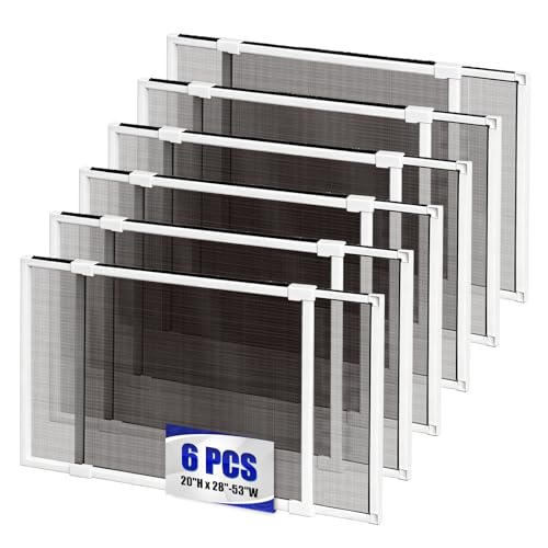 6 Pack Expandable Window Screen, 2 Way Adjustable Sliding Window Screen, Horizontal (20" H x 28" - 53" W), Horizontal and Vertical Adjustable, Replacement Screen for Window, Window Screens Mesh