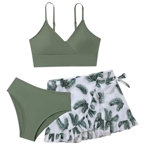 ADUDVLO Girls 3 Piece Bikini Set Padded Swimming Costume, Kids Swimwear with Floral Cover Up Skirt, Adjustable Bikini Top Bathing Suit for Teen Girls Beach Summer 9–16 Years Green