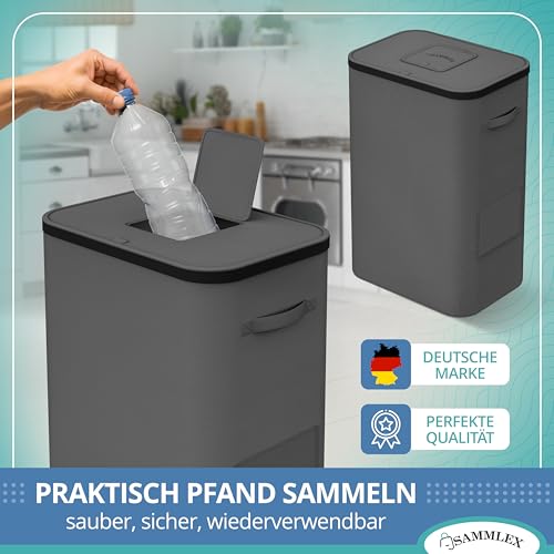 SAMMLEX Pfandflaschen Sammelbehälter mit Deckel|Faltbarer Pfandflaschenbehälter|100 L Volumen|Leergutbehälter 42×34×75cm|Herausnehmbarer Innensack|Wasserabweisende Oberfläche|Robuster Rahmen|Grau