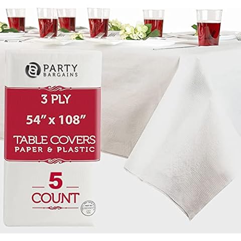 PARTY BARGAINS 5 Disposable Table Covers - 54" X 108", 3 Ply Paper & Plastic White Table Cover Cover