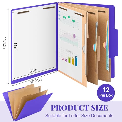 Skyygemm 12 Pcs Classification Folders 3 Pocket Dividers Letter Size Employee File Folder with 2 Prong Fasteners 2 in Expansion Pressboard Medical Document Organizers Bulk for School Office(Purple) by Skyygemm - Image 2