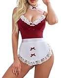 Avidlove Women Teddy Lingerie Snap Crotch Bodysuit with Choker and Apron Maid Roleplay Costumes Black L
