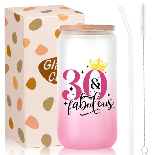 Bliceon 30th Birthday Gifts for Women, 30th Birthday Iced Coffee Cup, 16oz Frosted Glass Cup with Lids and Straws for Women, Best Friend, Wife, Mum, Family
