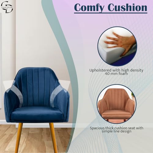 Image of Velvet Accent Chair | Luxury Upholstered Armchair with Sturdy Metal Legs | Modern Comfortable Chair for Living Room, Bedroom, Office, or Cafe (Golden Legs, Blue Set of 2)