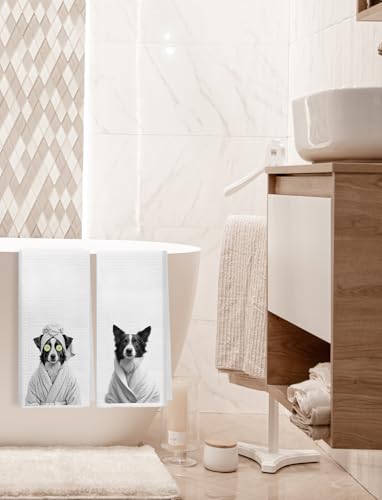 XUNLURY Funny Border Collie Bathroom Hand Towels, Dog Bathroom Decor, Trendy Black and White Border Collie Dog Decorative Hand Towels for Washroom Bath Room Spa, 16x24 Inch Set of 2 — view 4
