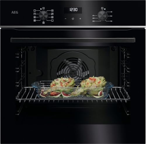 AEG TU5AB21FSB – Horno Multifunción Serie 5000 SurroundCook, 72 L, Display LED, Limpieza AquaClean, 9 Funciones, Mandos Escamoteables, Carriles Telescópicos 1 Nivel, Cristal Negro, Inox Infinity