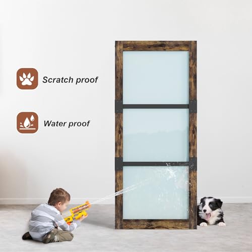 Fredbeck 36x84 Frosted Glass Barn Doors Aluminum Frame and 6.6ft Hardware Kit Included, Waterproof PVC Coating,Pre-Drilled Ready to Assemble,Brown, 3-Panels,Modern Interior Sliding Doors with Glass