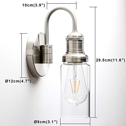 Image of PERMO Industrial Vintage Sconce Wall Mount Single Sconce with 3.1 inch Cylindrical Clear Glass Shade Wall Light Lamp Fixture (Brushed)