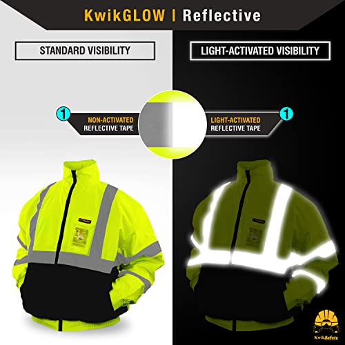 Kwiksafety - Charlotte, Nc - Investigator Bomber Safety Jacket - Foldable Hood - Class 3 Water Resistant Ansi Osha Reflective Gear/Yellow Large #TOP2