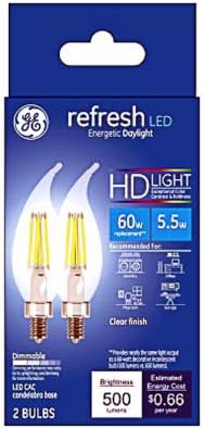 GE 31756 LED Chandelier Bulb, E12 Candelabra Base, Refresh LED Energetic Daylight, 5.5 watts, 500 Lumen, dimmable, Clear Finish