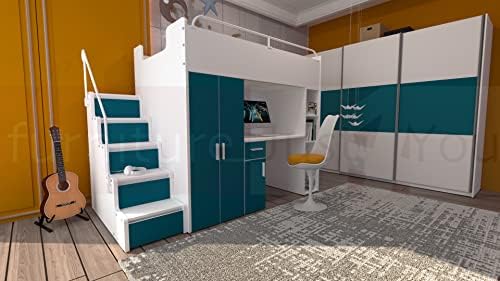 Modern Cabin High Sleeper Bed Bunk Bed Loft Bed Storage Mid Sleeper High Bed Wardrobe Desk Stairs Set Foam Mattress Included Maximilian 4SM White Colour (White), Small Single