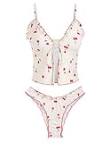 seamoly Women's Two Piece Bathing Suits Tie Front Bikini Sets High Cut Bikini Bottom Swimsuit Tankini Set Cherry Print L