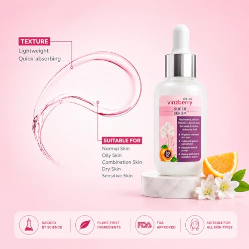 Image of VINZBERRY 5-in-1 Super Serum with Niacinamide, Arbutin, Vitamin C, Ferulic Acid, Ceramide Complex, Hyaluronic Acid | Brightens and Evens Skin Tone, Anti Aging, 30 ml Pack of 1