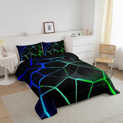 Image of Feelyou Geometric Honeycomb Comforter Set Green Blue Stereoscopic Hexagon Comforter for Kids Boys Girls Beehive Hexagon Bedding Set Geometric Duvet Set Room Decor Quilt King Size Boys