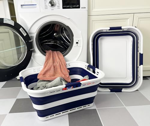Image of SAMMART Set of 2 Collapsible Plastic Storage Basket - Foldable Pop Up Storage Container - Portable Laundry Organizer - Space Saving Hamper (White /Starry Blue, 42L (Style A))