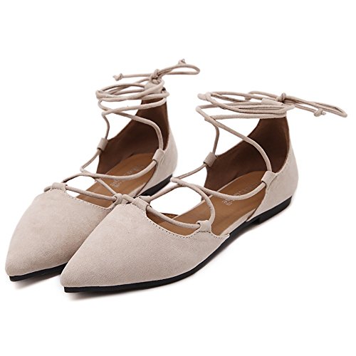 Meeshine Womens D'Orsay Pointy Toe Ankle Strap Wrap Ballet Flats Lace Up Flat Shoes Apricot US 8