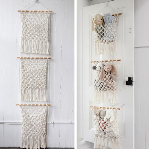 Image of Sasa Macrame Over Door Organizer - 3-Tier Hanging Organizer with Canvas Pouch & Door Hook, Nursery Decor, Kid's Room, Playroom, Dorm, Storage for Stuffed Animals, Plushies, Blankets, Baby Essentials