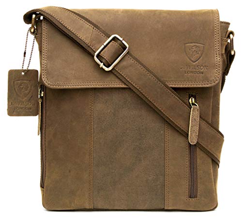 Image of J. Wilson London 100% Pure Genuine Real Vintage Hunter Leather Handmade Mens Women Leather Flapover Everyday Crossover Shoulder Work iPad Messenger Bag (Rustic Tan)