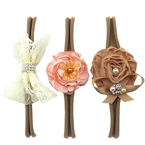 Lovemyangel 3 PACK Girl's Cute Hair Bows with Soft Nylon Headbands Newborn Flower Headband Set DIY Hair Accessories Baby Photography Props (KHAKI)