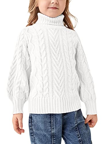 Girls Sweater Turtle Neck Puff Sleeve Chunky Cable Knit Kids Pullover Jumper Top White #TOP29