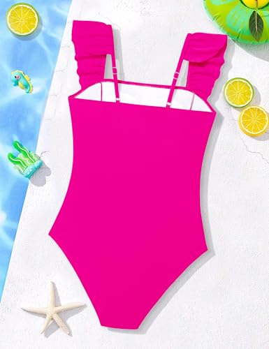 Image of NECIOUS Girls Swimsuit Ruffle Adjustable Straps One Piece Bathing Suit Solid Color Ruched Girls' Swimwear 9-16Y
