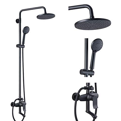 Promo 40% OFF Heyalan Matte Black Exposed Shower Fixture 3 Function Brass Bathroom Shower Faucet Combo Set 8 Inch ABS Round Rainfall Showerhead with ABS Handheld Sprayer Wall MountAdjustable Slide Bar Tub Spout