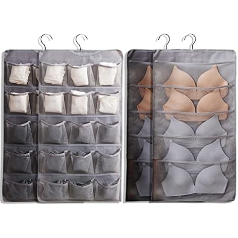 AARAINBOW Hanging Bra Organizer with Pockets, Hanging Sock Organizer, Dual Sided Hanging Closet Underwear Storage Holder for Lingerie, Panty Tie (20+20 Pockets, 2 Gray) Cover