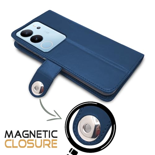 Image of Pikkme Vivo V29 / V29 Pro 5G Flip Cover Leather Finish | Inside TPU with Card Pockets | Wallet Stand and Shock Proof | Complete Protection Button Flip Case (Blue)
