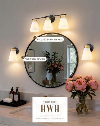 Image of Set of 2 Wall Sconces for Bathroom, HWH 1-Light Bathroom Vanity Light with Frosted Milk White Striped Glass, Indoor Wall Mount Lighting Fixtures, Black and Gold Finish, 5HZG97B-2PK BK+BG