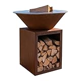 Fabrication française Lou Bouscarian Rond ⌀ 74cm - Brasero Plancha en Acier Corten – Barbecue Exterieur avec Rangement Bûches – Design Jardin Terrasse, Grille de Cuisson et Stop Food Inclus - kit allumage Offert