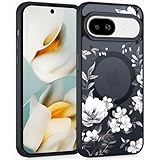 Coiwxmoi Magnetische Handyhülle für Google Pixel 9a 5G 6,2" Hülle, Kompatibel mit MagSafe, Aesthetic Blumen Muster Transluzente Mädchen Case, Matte PC Dünn TPU Stoßfest Schutzhülle Cover - Schwarz 04