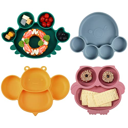 Image of Maxdot 4 Pcs Silicone Baby Plates Toddler Suction Plates Divided Baby Dishes Cute Animal Kids Plates for Toddlers Baby Feeding Eating Supplies, Microwave and Dishwasher Safe (Multi Colors,Cute)