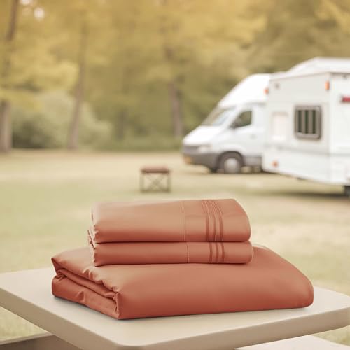 Image of Nestl Rust Short Queen Sheets for RV, Hotel Luxury RV Queen Sheets Set, 4 Piece Fitted Bed Sheet Set and Pillowcases, Super Soft, Wrinkle-Free, and Breathable Camper Bedding