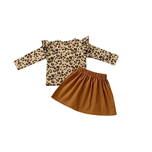 Baby Girl Ruffles Leopard Tops Pleated Skirt Dress Warm Outfits Set Brown #TOP1