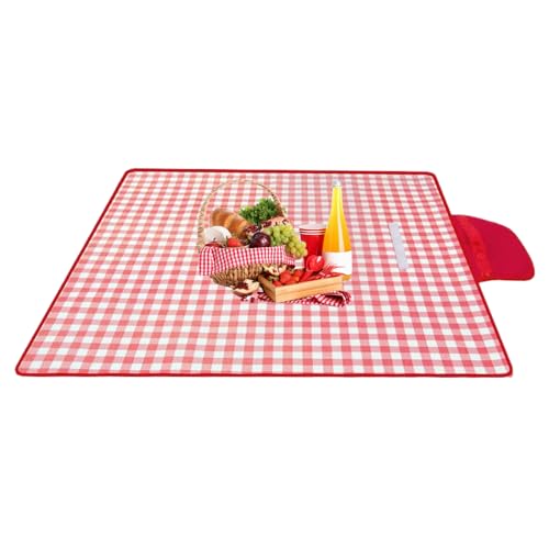 Couverture de pique-nique imperméable et pliable - À carreaux - 200 x 200 cm - Coussin de tente pour l'extérieur - Tapis de camping épais en aluminium moulé - Pour les excursions de printemps (rouge)