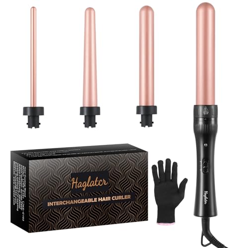 Curling Wand 4 in 1, Haglater Hair Curler Ceramic Curling Iron Set with 4 Interchangeable Barrels for Long Thick Thin Hair, Hair Styling Tools with Glove