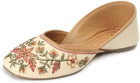 XE Looks Women's Cream Embroidered Flats | Traditional Punjabi Juttis with Intricate Floral Design | Cushioned Footbed for Comfort | Stylish & Lightweight Punjabi Juttis for Girls & Women