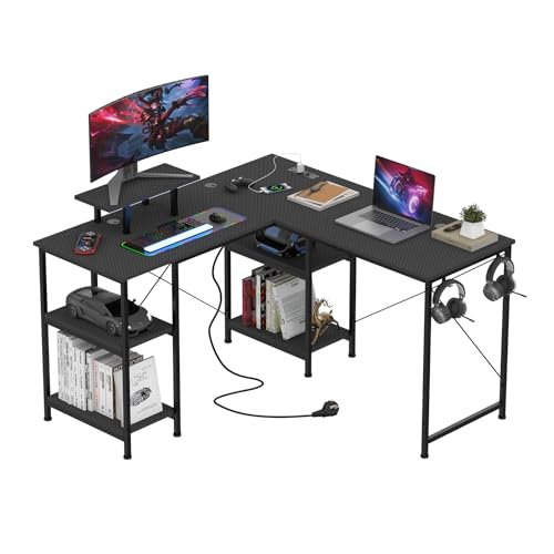 HaodaCulture Bureau Gaming 210x50, Bureau Gaming avec 4 Rangement, Table Gaming Forme L déformable, 2 Prises Electriques et 2 Ports USB, 3 Types...