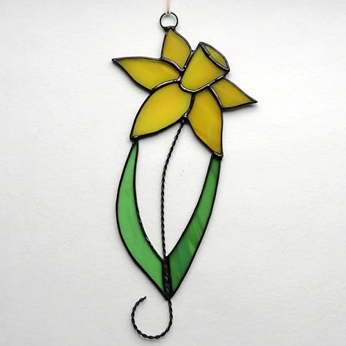 Yellow Daffodil on Stem with Leaves Stained Glass Suncatcher Window Hanging or Wall Decor, Decorative Handmade Jonquil Sun Catcher, Handcrafted Colorful Narcissus Flower Ornament, Unique Mother’s Day