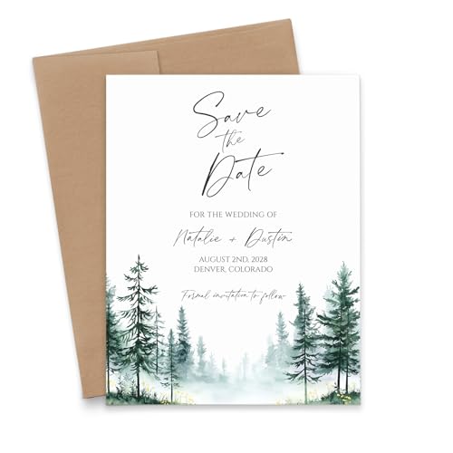 Green Save the Date Wedding Invitations With Envelopes, Rustic Save the Date Cards For Birthday, Anniversary, Personalized Save the Date Card With Trees, Your choice of Quantity and Envelope Color