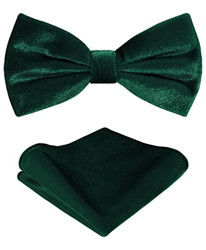 TIE G Men's Glitter Velvet Bow Tie + Pocket Square Set in Gift Box for Wedding, Party : Glittering Effects, Unisex Design, Velvet Solid Hunter Green, reg