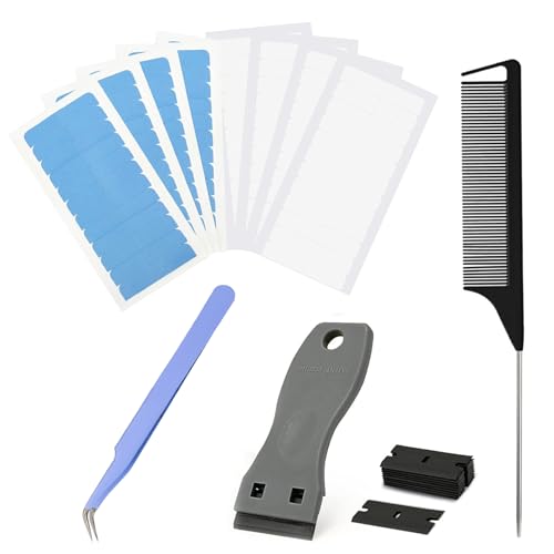 LINXINS 17Pcs Hair Tapes For Extensions Hair Extension Tapes Hair Extension Tape Tabs Set 4 Sheets Double Sided 4 Sheet Single Side Adhesive Hair Extension Tapes, With Scraper, Hair Comb, Tweezers