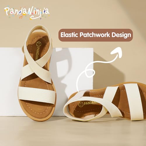 Image of PANDANINJIA Girls Sandals Slip-on Elastic Ankle Cross Strappy Gladiator Dress Sandals Flats Summer Shoes Little Big Kids Sandals