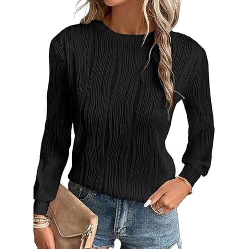 OUSIMEN Camisetas Mujer Texturizado Otoño Cuello Redondo Casual Moda Punto, Negro , L