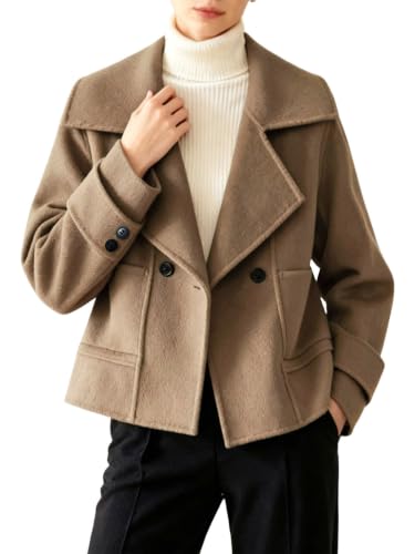 Image of utcoco Womens Cropped Wool Coats Notched Lapel Short Pea Coat with Pockets (X-Small, Light Brown)