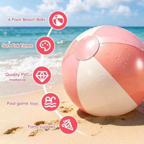 Chitidr 6 Pcs Pink White Beach Balls Inflatable, 17 Inch Pink and White - image 5
