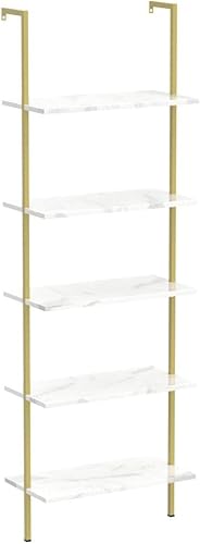 Miniatura 4 de aboxoo Estantería de escalera 2PCS de mármol blanco, estantería de madera de 5 niveles para montar en la pared, soporte abierto industrial moderno